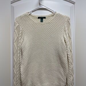 Ralph Lauren Women's Sz Medium Cream Cable Knit Sleeve Sweater